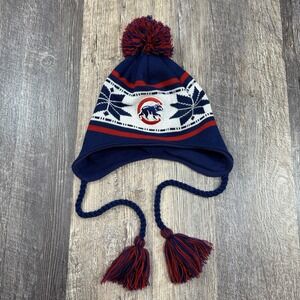 Chicago Cubs New Era Winter Trapper Hat Knit Snowflake Pom Tassels Blue Red MLB